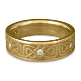 Narrow Labyrinth Celtic wedding band with diamond accents in 14K yellow gold