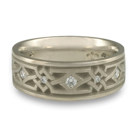 Wide Weaving Stars with Diamonds Wedding Ring in 14K White Gold