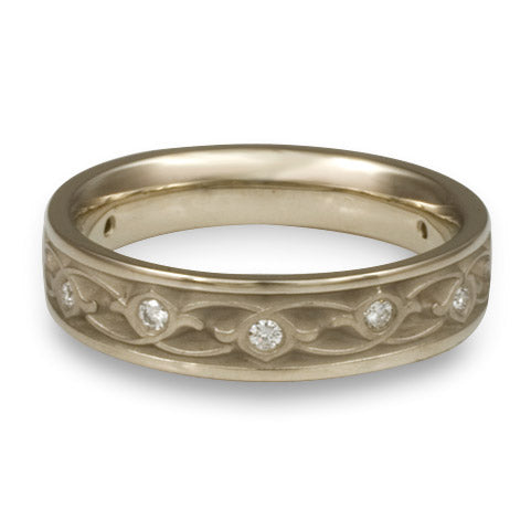 Narrow Water Lilies Wedding Ring With Diamonds in 14K White Gold