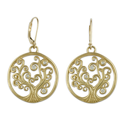 Gold with Diamonds Tree of Life Earrings